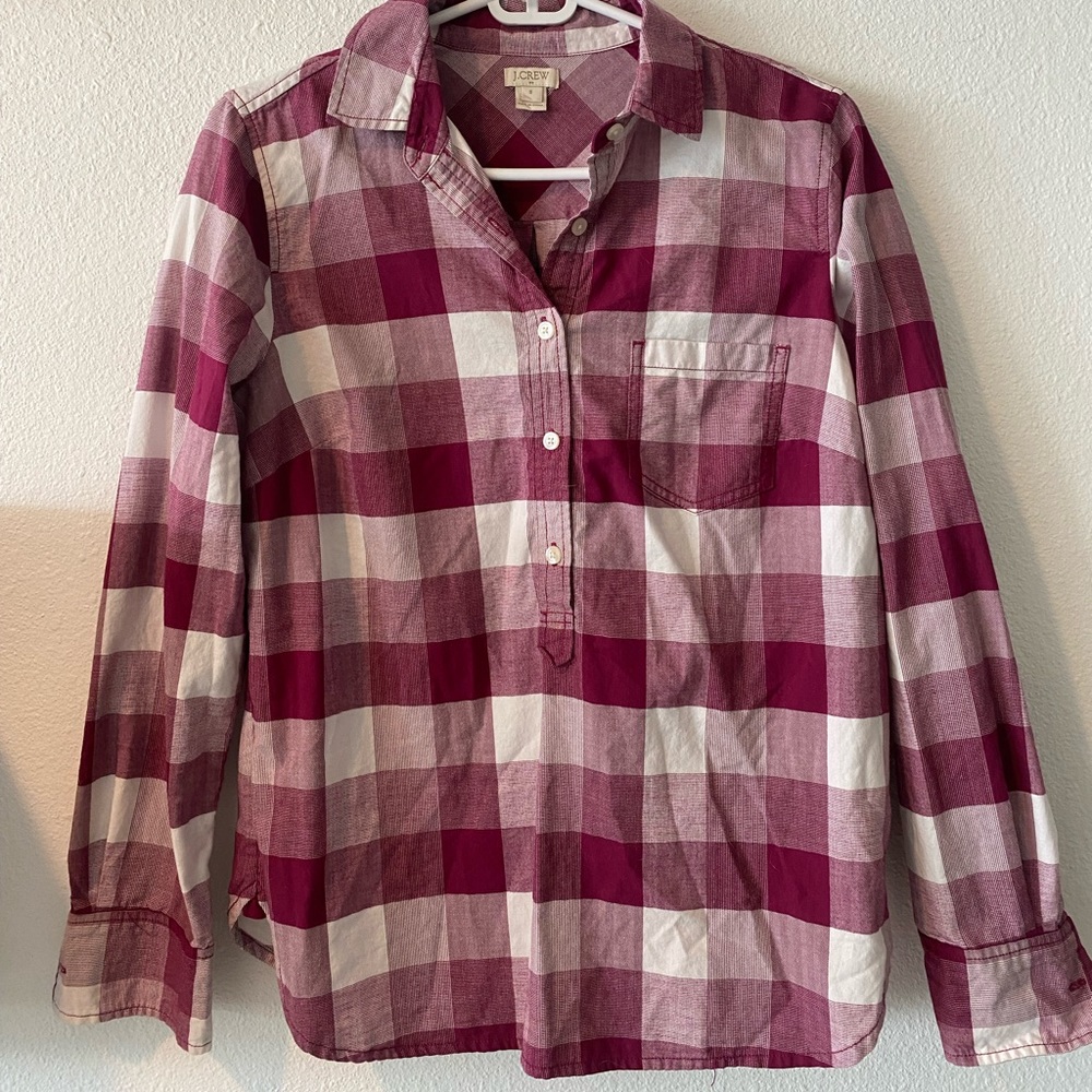 J. CREW Burgundy Plaid half button shirt w pocket